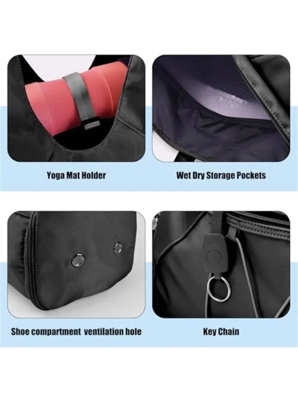 Women's Black Gym Bag Yoga Mat Holder Workout Fitness Tote